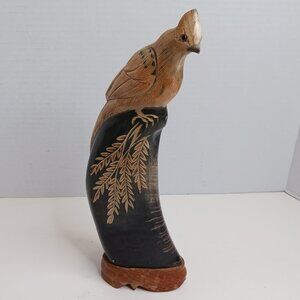 Vintage Buffalo Horn Hand Carved Bird Wooden Base 10.5" Tall